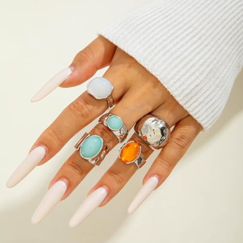 Chunky Gemstone Rings for Women Gold Silver Chunky Rings Set Adjustable Thick Statement Ring Trendy Fashion Silver Jewelry - style: ASilver