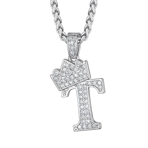 Richsteel Silver Crown Initial A-Z Letter Pendant Necklace for Men Women | Cubic Zirconia Monogram, 316L Steel Chain, 22" + 2" Extender,Hypoallergenic,Gift Box, Hip Hop Jewelry - style: T