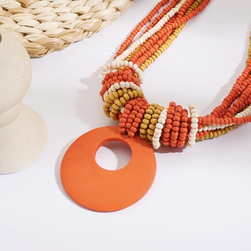 Coiris Chunky Necklaces for Women Statement Wooden Beaded Funky Boho Circle Pendant Necklace Jewellery Gift for Women - color: Orange