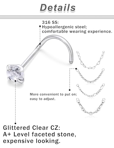 20/18G Nose Rings Chain Across Nose Piercings for Women Men Surgical Steel Double Chains Corkscrew l Shaped Bar - size: Corkscrew, 18g(1.0mm)
