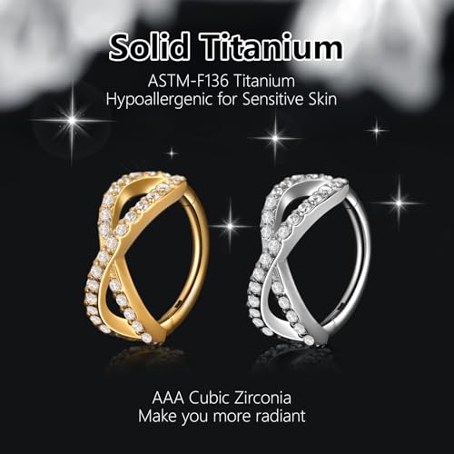 Xpircn ASTM F136 Titanium Double Hoop Septum Click Nose Rings Lip Rook Lobe Tragus Helix Cartilage Daith Conch Earrings Clear CZ Paved Nose Piercing Jewelry for Women Men - color: Double Hoops Gold, size: 16G 8mm