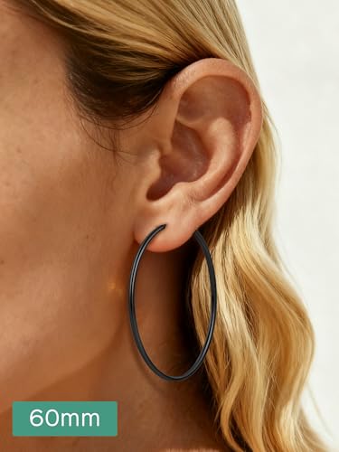 ChicSilver 925 Sterling Silver Hoop Earrings for Women Hypoallergenic, Lightweight Large Gold Plated Silver Hoop Earrings, Endless Hoops Earring 20/30/40/50/60/70MM - color: A. High Polished Black, size: 60mm