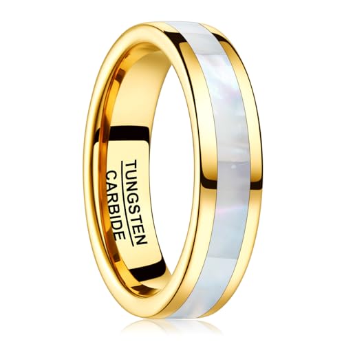 Vakki 4mm 6mm Womens Rose Gold Tungsten Carbide Ring with Mother of Pearl Shell/Marble Inlaid Wedding Band Comfort Fit Size 5-12 - color: G-6mm-Mother of Pearl & Gold