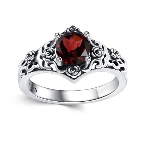 Vintage Style 1 Carat Round Cut Birthstone Ring 925 Sterling Silver Stone with Oxidized Rose Filigree Anniversary Engagement Ring for Women Gifts Size 5-12 - color: Garnet