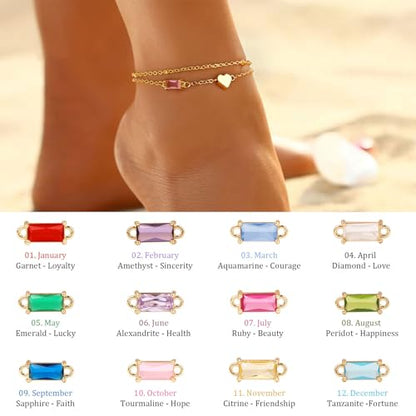 Birthstone Anklet with Heart Charm Layer Ankle Bracelet for Women, 14K Gold Plated Adjustable Chain Stackable Trendy Jewelry Gift for Her, Mom, Friend, Wife - style: 7-July