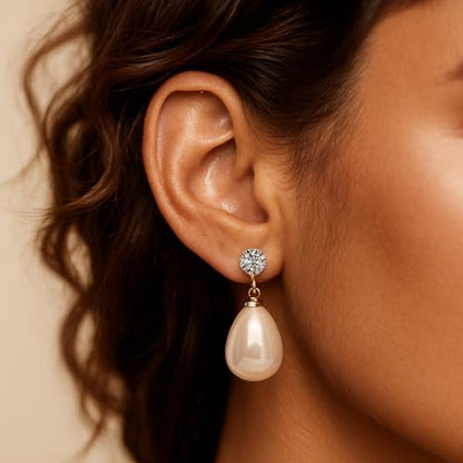 Pearl Clip on Earrings for Women - 14K Gold Silver Plated Cubic Zirconia Non Pierced Ear Clips Jewelry Gifts for Wedding Bridal Party Gifts - color: White-10mm