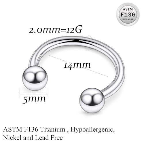 Ruifan 20G 18G 16G 14G 12G 8G 6G 4G 2G Horseshoe Nose Ring Titanium Septum Rings Piercing Jewelry Internally Threaded Gauges Cartilage Conch Helix Rook Lip Tragus Earring Hoop Eyebrow For Women Men - size: Ball: 12G - 14MM