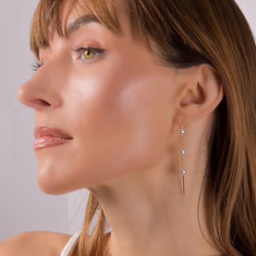 Threader Pearl Earrings for Women - Long Dangle with Simulated Pearls | Plated in Gold Tone or Silver Tone - color: Multi Simulated Pearl - Gold Tone