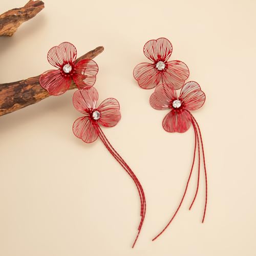 Gold Flower Tassel Dangle Earrings for Women,Boho Chunky Floral Long Fringe Statement Earring,Fashion Spring Jewelry Party Prom Accessories - color: Red