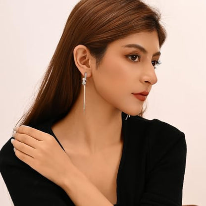 Dangle Earrings for Women, Sparkly Rhinestone Long Tassel Chain Earrings | 18K Gold or 18K White Gold Plated, 925 Sterling Silver Posts, Cubic Zirconia, Hypoallergenic, Tarnish Resistant, Lightweight - color: Silver