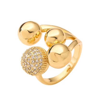 18K Gold Plating Ball Statement Ring Charm Cubic Zirconia Adjustable Open Band Jewelry for Women - color: Gold