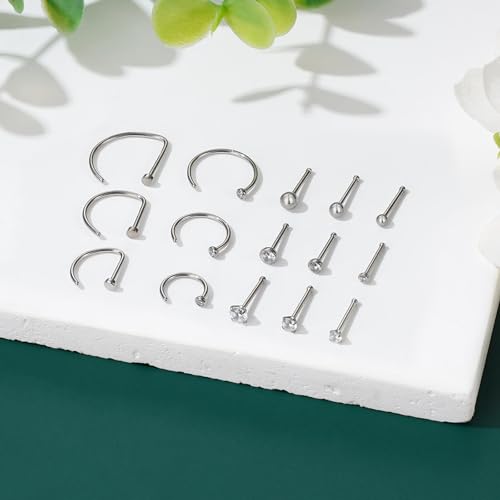 Gotumo 20G Nose Rings Titanium Nose Studs Cubic Zirconia Straight Nose Piercing Jewelry Hypoallergenic Nose Rings Studs for Women Men 6pcs set Silver - color: Silver, size: 20G Straight 15pcs