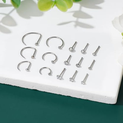 Gotumo 20G Nose Rings Titanium Nose Studs Cubic Zirconia Straight Nose Piercing Jewelry Hypoallergenic Nose Rings Studs for Women Men 6pcs set Silver - color: Silver, size: 20G Straight 15pcs