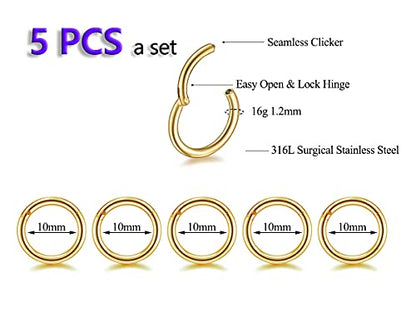 5Pcs 16G 18G Surgical Steel Nose Rings Hoop Tragus Septum Cartilage Hoop Earrings For Women Men Body Piercing Jewelry Kit Bar Length 6mm/8mm/10mm/12mm/14mm - style: 5Pcs -16G - Gold - 10mm