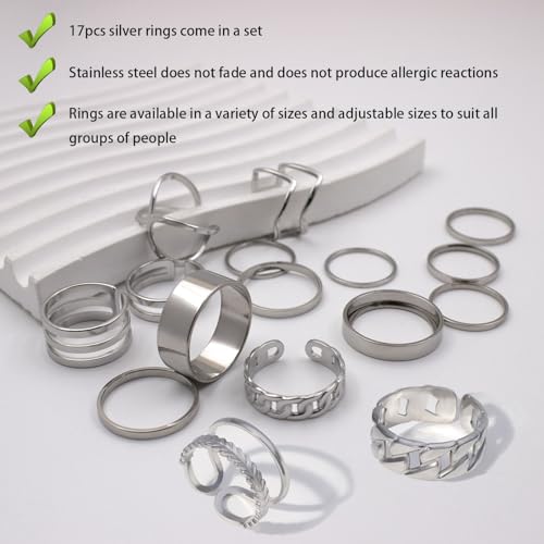 17PCS Silver Knuckle Rings for Women Stainless Steel Rings Set Midi Stackable Rings Simple Smooth Finger Rings Silver Adjustable Rings Jewelry Gift - color: 17 pcs