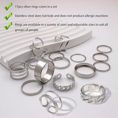 17PCS Silver Knuckle Rings for Women Stainless Steel Rings Set Midi Stackable Rings Simple Smooth Finger Rings Silver Adjustable Rings Jewelry Gift - color: 17 pcs