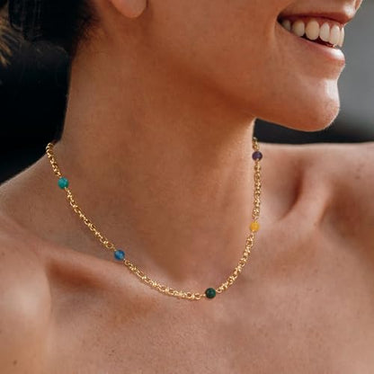 MTMY Beaded Necklaces for Women 14K Gold Plated Dainty Colorful Green/Rose Beaded Pearl Choker Necklace Delicate Boho Choker Necklace Jewelry Gift - style: 7 Color beads