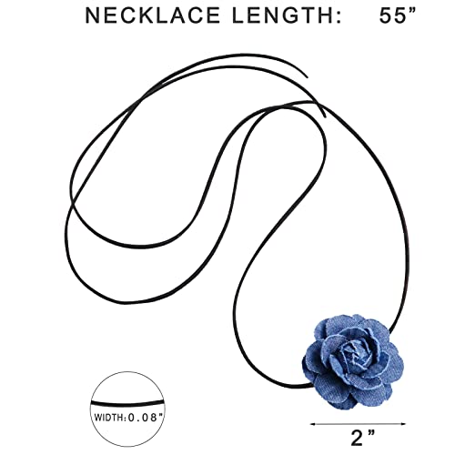 Black Choker Camellia Flower Lace-up Necklace For Women - color: Denim flower
