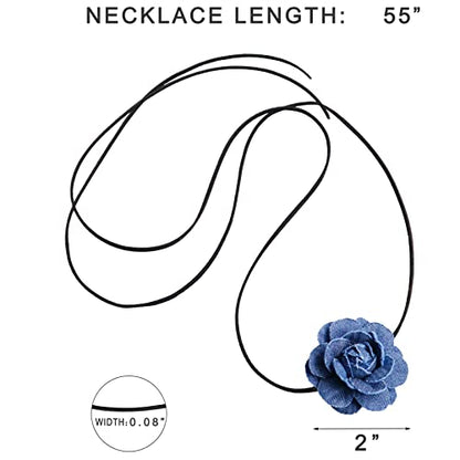Black Choker Camellia Flower Lace-up Necklace For Women - color: Denim flower