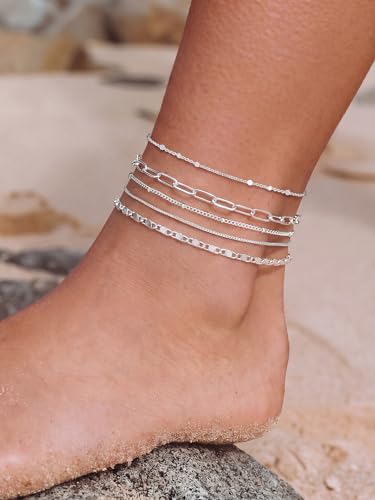 14K Gold/Silver Plated Anklets for Women Layered Anklet Set | Non Tarnish Waterproof Brass Ankle Bracelet, Adjustable Lightweight Dainty Hypoallergenic Chain, Beach Vacation Summer Gift - style: Style3