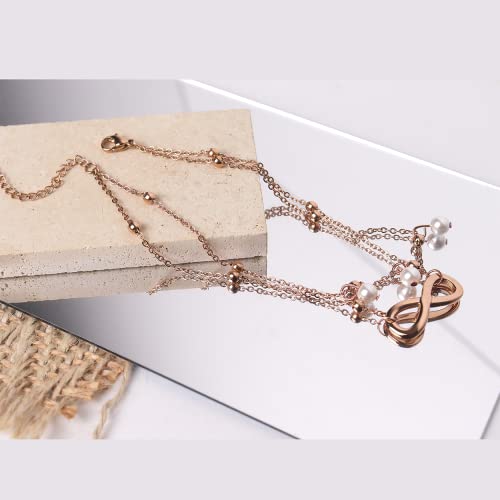 Jean Beau Infinity Beach Anklet bracelet for Women Teen Boho Waterproof Double Layered Dainty Beads Chain Charm Ankle Pearl dangling foot Jewelry Gift - color: Rose Gold