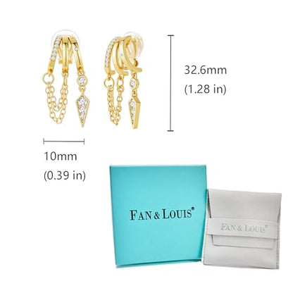 FAN&LOUIS Gold Clip On Earrings for Women, 24K Gold Plated Trendy Triple Huggie Hypoallergenic Non Pierced Earrings Dainty Dangle Chains Drop Painless Lightweight Clip-On Earrings