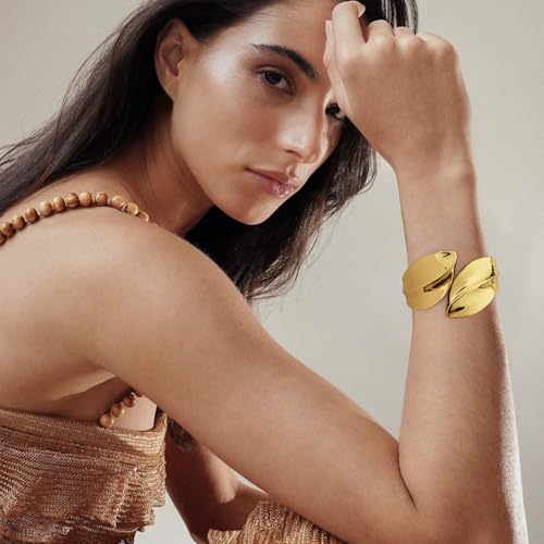 Chunky 14k Gold Cuff Bracelets for Women - Non Tarnish Teardrop Bangle Multi-layer Cross Wire Open Bracelets - color: Golden 12