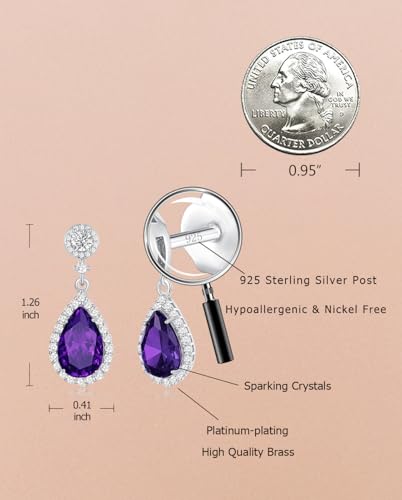 Silver Diamond Dangle Earrings for Women Rhinestone Teardrop Crystal Cubic Zirconia Drop Dangling Wedding Costume Jewelry - color: 02.February-White Gold Plated | Amethyst