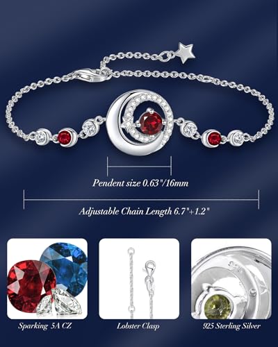 FANCIME Birthstone Bracelets 925 Sterling Silver Moon and Star Bangle Charm Bracelet Fine Jewelry Anniversary Birthday Mothers Day Gifts for Mom Her Women, Adjustable Chain 6.7"+1.2" Extend - color: link-1-garnet