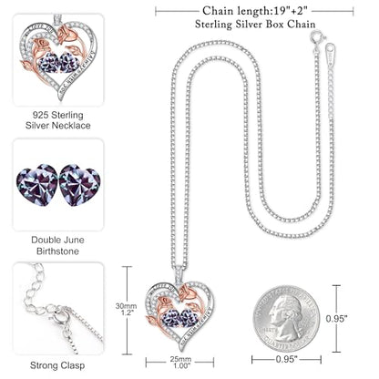 Iefil Birthstone Necklace for Women - Rose Heart Necklace | 925 Sterling Silver, Gift Box Packaging, Anniversary Birthday Gifts for Wife Mom Daughter - color: 06-06-Jun-Jun Birthstone