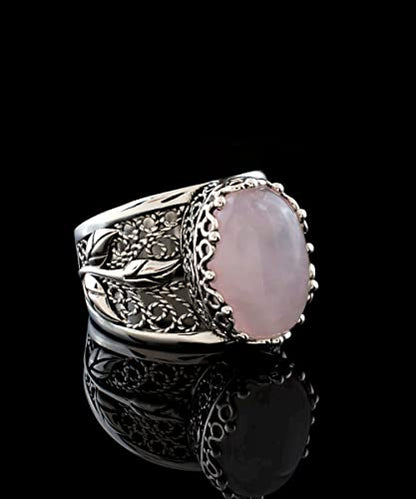 Filigranist 925 Sterling Silver Filigree Art Lace Embroidery Tulip Detailed Gemstone Women Cocktail Ring, Luxurious Gift Boxed - color: Rose Quartz