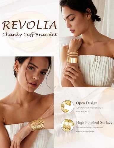 REVOLIA 6Pcs Chunky Cuff Bracelets Set for Women Minimalist Irregular Statement Wrist Cuff Adjustable Hammered Bangles Bracelets Open Wide Wire Arm Cuff Bracelet - color: Gold-A