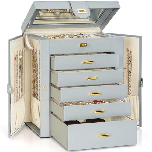 AKOZLIN 6-Tier Jewelry Box Organizer Functional 5 Drawers Leather Jewelry Storage Case for Women Girls Ring Necklace Earring Bracelet Holder Organizer with Mirror Grey Large - color: Grey, size: Large