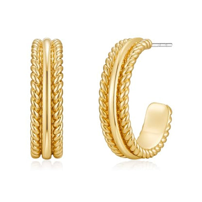 Gold Plated Chunky Hoop Earrings for Women - Stylish Statement Twisted Rope C Shaped Hoop Earrings Fashion Jewelry Gift - color: gold tone