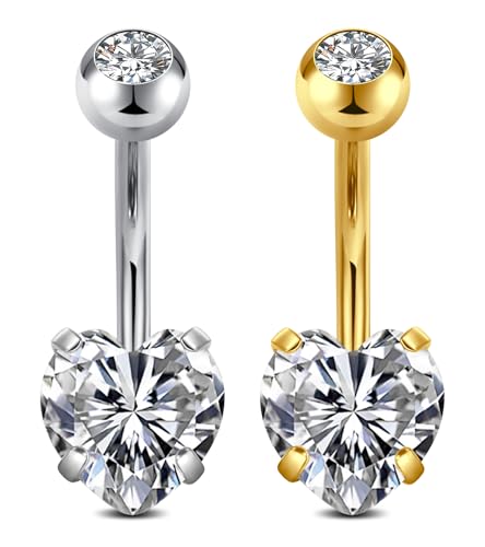QWALIT Belly Button Ring Silver Gold Belly Rings Surgical Stainless Steel Belly Button Rings for Women Belly Button Piercing Jewelry Hypoallergenic Dangle Belly Button Ring Clicker Belly Ring Dangling - style: C5-Heart- zircons