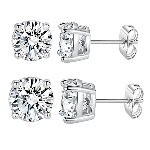18K White/Yellow Gold Plated Stud Earrings for Men Women 4 Prong Graduated Round Clear Cubic Zirconia Hypoallergenic Earrings Set 3-8MM - color: White Gold Plated, size: Pack-3/4MM