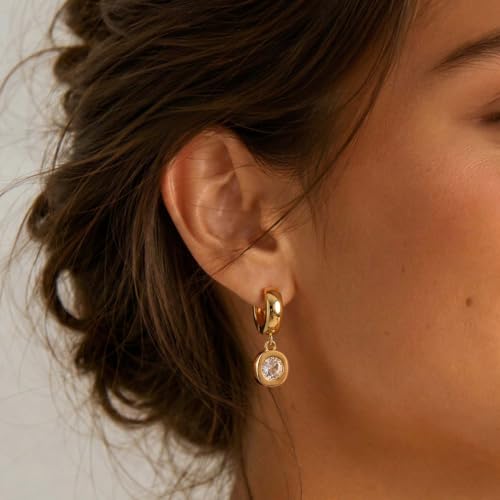 Gold Chunky Dangle Earrings for Women, Bezel Set Cubic Zirconia Charm | 14K Gold Silver Plated, Statement Huggie Hoops Drop Earrings, Trendy Jewelry Gifts, High Grade CZ, Hypoallergenic Lightweight - color: GD-Round CZ Hoop