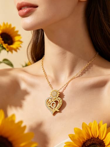 14K Gold Sunflower Initial Necklaces for Women | Heart Letter Pendant You Are My Sunshine Jewelry Gifts - style: G