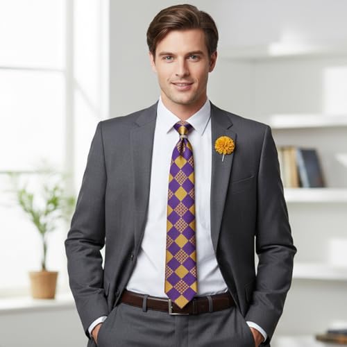 5PCS Mens Silk Tie, Pocket Square, Cufflinks, Drilled Tie Ring and Lapel Pin Set for Wedding Groom Party - color: Purple Gold Tie Set -281+7