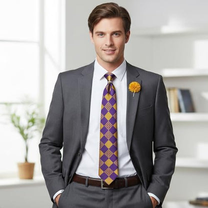 5PCS Mens Silk Tie, Pocket Square, Cufflinks, Drilled Tie Ring and Lapel Pin Set for Wedding Groom Party - color: Purple Gold Tie Set -281+7