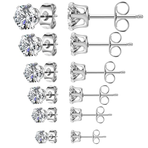 5 Pairs Set Stainless Steel Stud Earrings Minimalist Cubic Zirconia CZ/Ball Earrings Studs Set for Men Women 3MM-8MM - color: Silver
