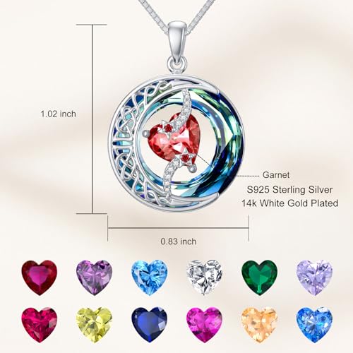 TOUPOP Birthstone Necklace Women Sterling Silver Moon Star Birthday Jewelry | Celtic Moon Pendant with Blue Crystal Anniversary Christmas Jewelry Gifts for Wife Mom Her - color: A-01-Garnet