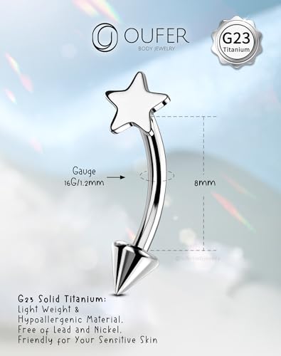 OUFER Rook Piercing Jewelry, G23 Solid Titanium Eyebrow Rings, Heart Vertical Labret Lip Jewelry, 16G Curved Barbells, Daith Rook Earrings for Women Men - color: Silver Star, size: 16G 8mm