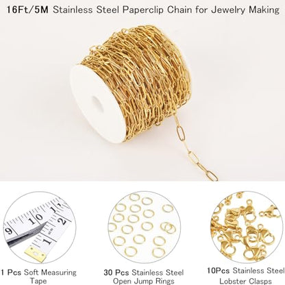 16 Ft Stainless Steel Paperclip Chain for Jewelry Making, 4.5mm Width Gold Plated Paper Clip Link Chains Roll for DIY Necklace Bracelet Jewelry Making Supplies with Lobster Clasps Soft Tape Measure - color: Paperclip 4.5mm Gold