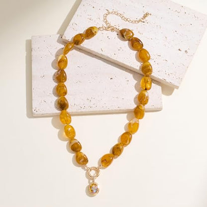 Chunky Colorful Bead Necklace Summer Fashion Statement Boho Beaded Chunky Necklace for Women Adjustable Length Lightweight Cool Suitable for Beach Vacation Daily Wear & Summer Parties - color: Brown-A