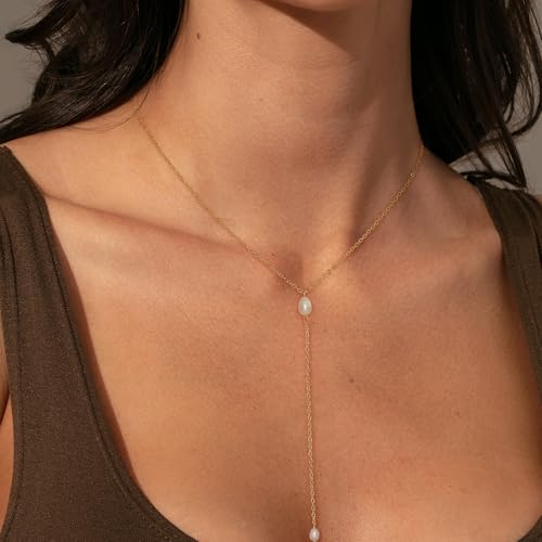 Dainty Gold Necklace for Women, Cute Long Necklace 14K Gold Plated CZ Lips Bead Y Shaped Lariat Necklace Simple Gold Choker Necklace Aesthetic Drop Necklace Trendy Gold Jewelry for Women - color: Gold-Long Pearl Necklace