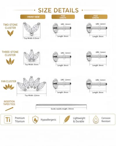 YACHY ASTM F136 G23 Titanium Flat Back Stud Earrings, Internally Threaded Screw-On Hypoallergenic Body Piercing Jewelry for Everyday Wear, Tragus Helix Conch Monroe Medusa Lip, 18G 6mm 8mm - color: Luna Laurel--3pcs+3bar--Silver, size: 6mm+8mm