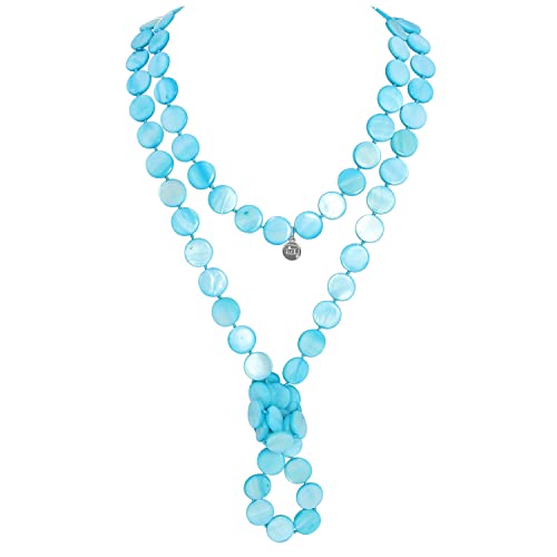 Firstmeet Flat Round Coin Shell Beads Long Knotted Necklace Natural Mother of Pearl Handmade Jewelry For Women - color: Blue