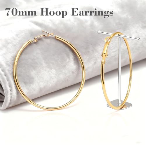 1 Pairs 60/70mm Silver 14K Gold Rose Gold Hoop Earrings for Women Hypoallergenic Stainless Steel Lightweight Big Hoops Shiny Dangle Earrings Trendy Jewelry Gifts - color: 70mm-Gold Hoop Earrings