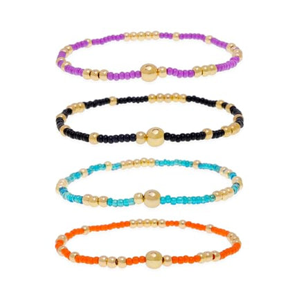 Gold Beaded Stackable Friendship Bracelets Set for Women, Handmade Boho Stretch Summer Jewelry Gift. - color: gold green pink white sky blue